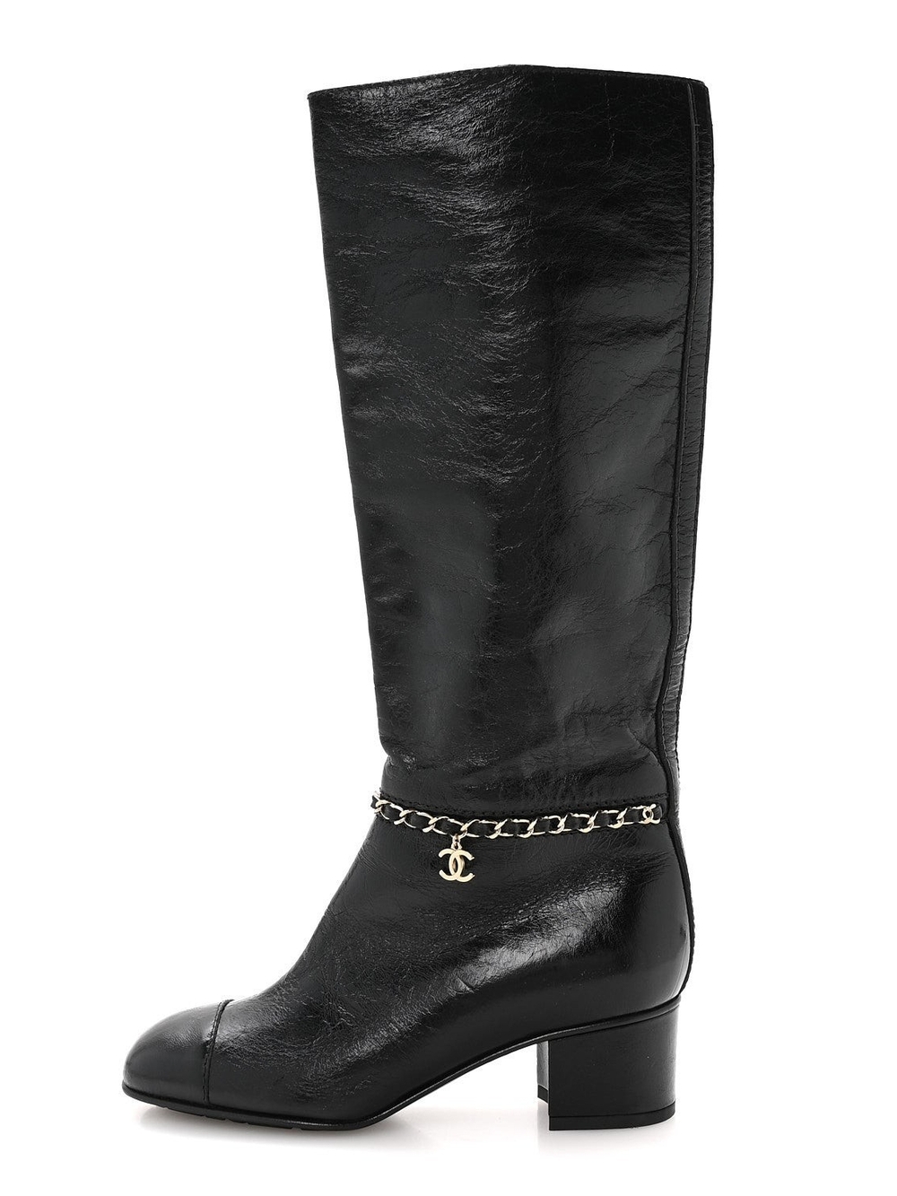 CHANEL Black Leather Knee Boots with Chain CC Charm